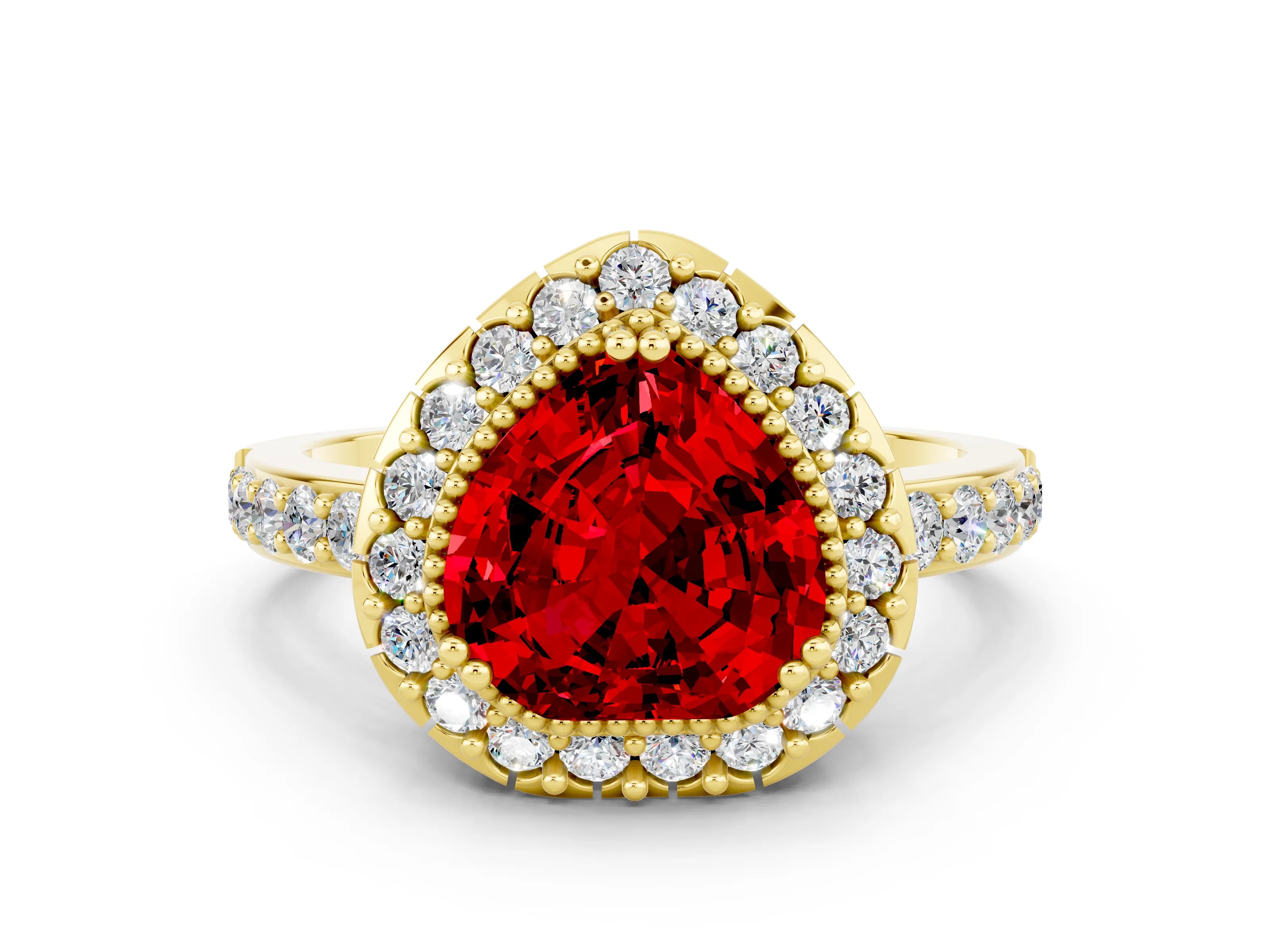 Yellow gold Heart Cut Ruby Halo Ring with Pavé Band and Prong Setting