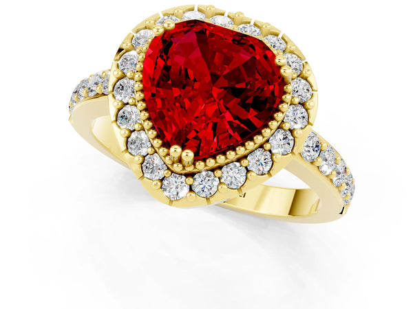 Yellow gold Heart Cut Ruby Halo Ring with Pavé Band and Prong Setting