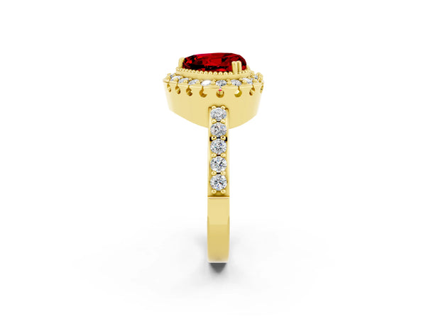 Yellow gold Heart Cut Ruby Halo Ring with Pavé Band and Prong Setting