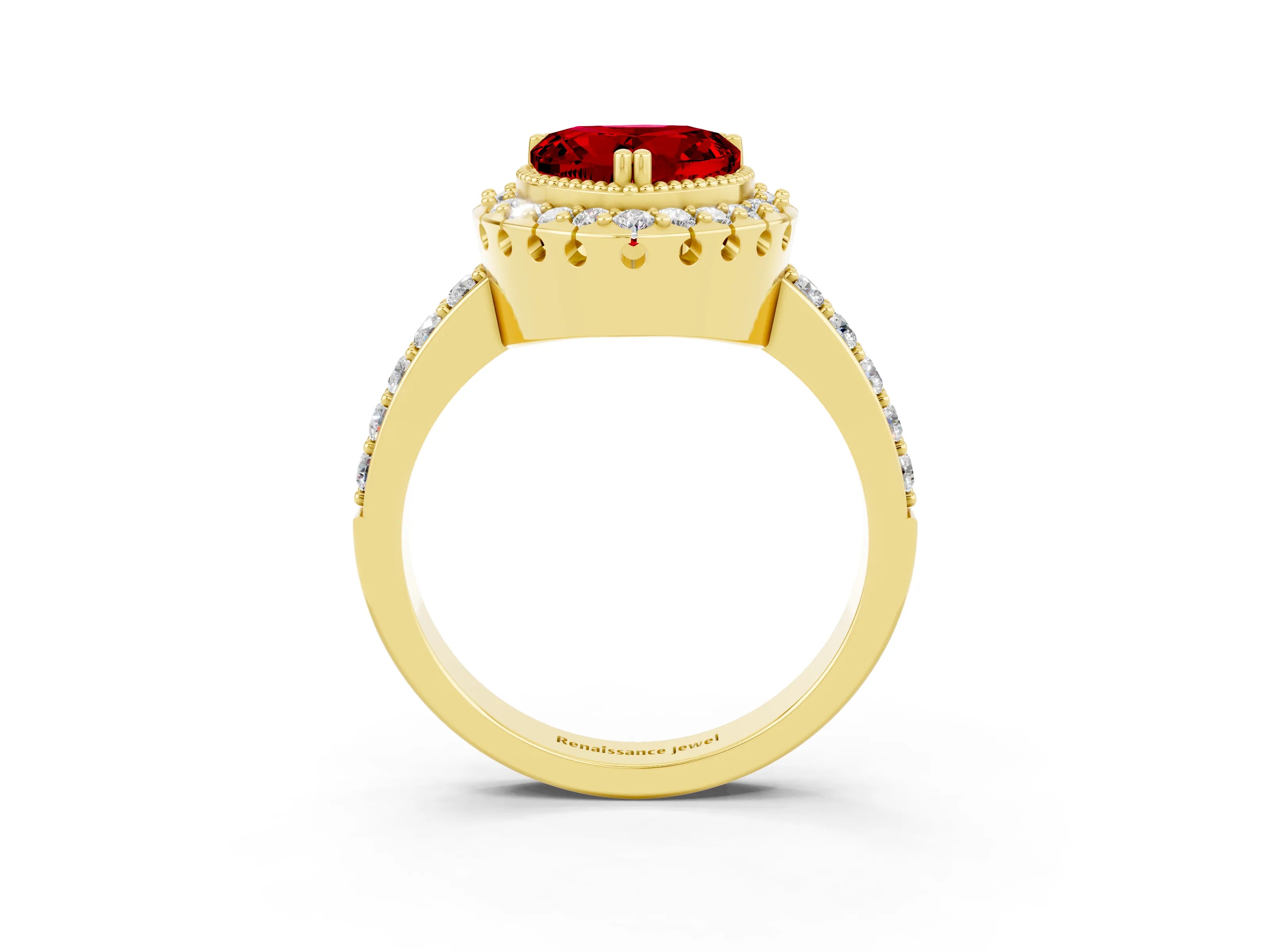Yellow gold Heart Cut Ruby Halo Ring with Pavé Band and Prong Setting_3