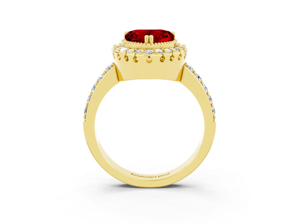 Yellow gold Heart Cut Ruby Halo Ring with Pavé Band and Prong Setting