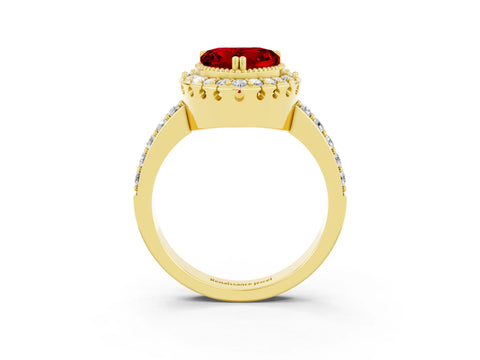 Yellow gold Heart Cut Ruby Halo Ring with Pavé Band and Prong Setting_3