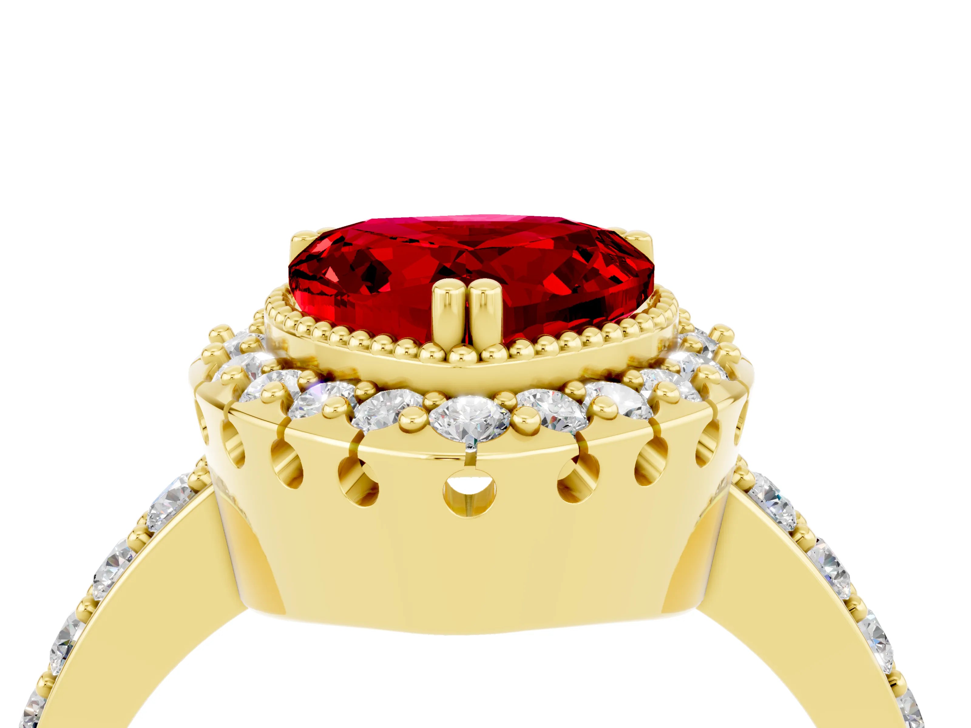 Yellow gold Heart Cut Ruby Halo Ring with Pavé Band and Prong Setting_4