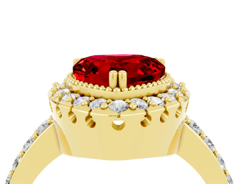 Yellow gold Heart Cut Ruby Halo Ring with Pavé Band and Prong Setting_4