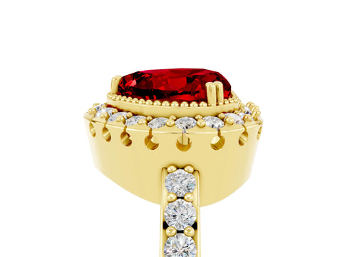 Yellow gold Heart Cut Ruby Halo Ring with Pavé Band and Prong Setting_5