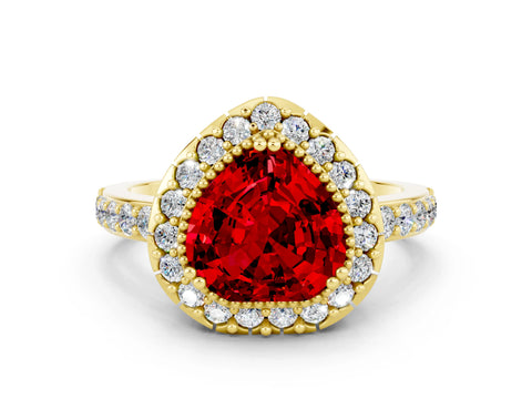 Yellow gold Heart Cut Ruby Halo Ring with Pavé Band and Prong Setting