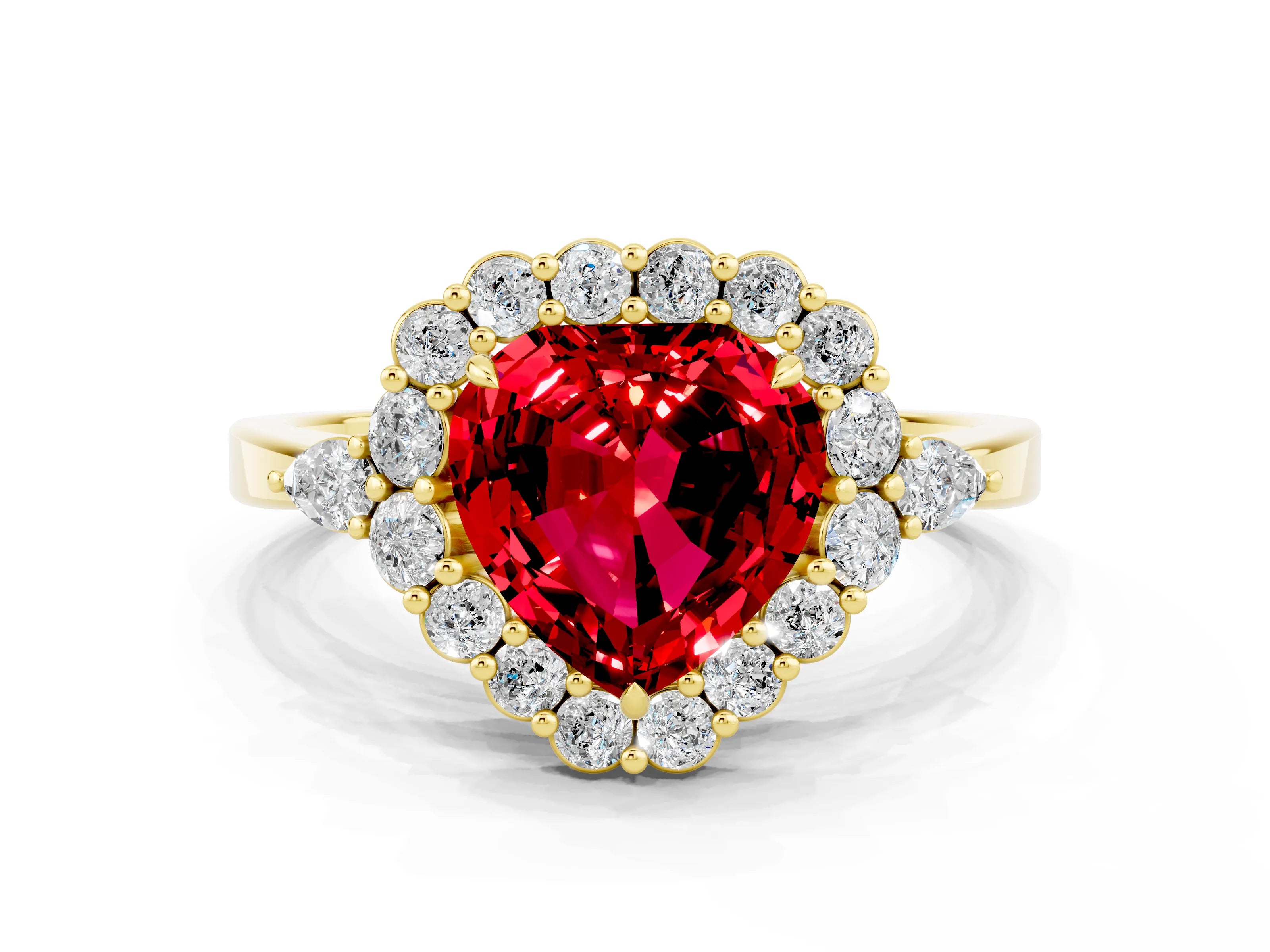 Yellow gold Heart Cut Ruby Halo Ring with Pear Side Stones and Prong Setting_12