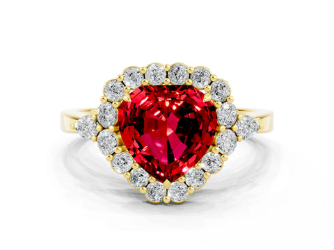 Yellow gold Heart Cut Ruby Halo Ring with Pear Side Stones and Prong Setting_12