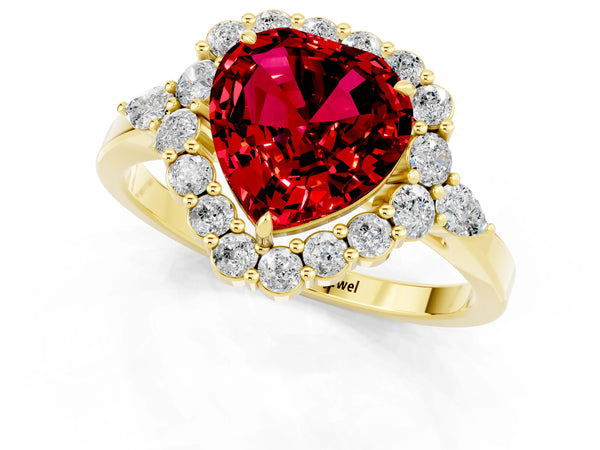 Yellow gold Heart Cut Ruby Halo Ring with Pear Side Stones and Prong Setting