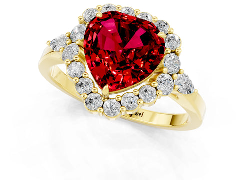 Yellow gold Heart Cut Ruby Halo Ring with Pear Side Stones and Prong Setting_13