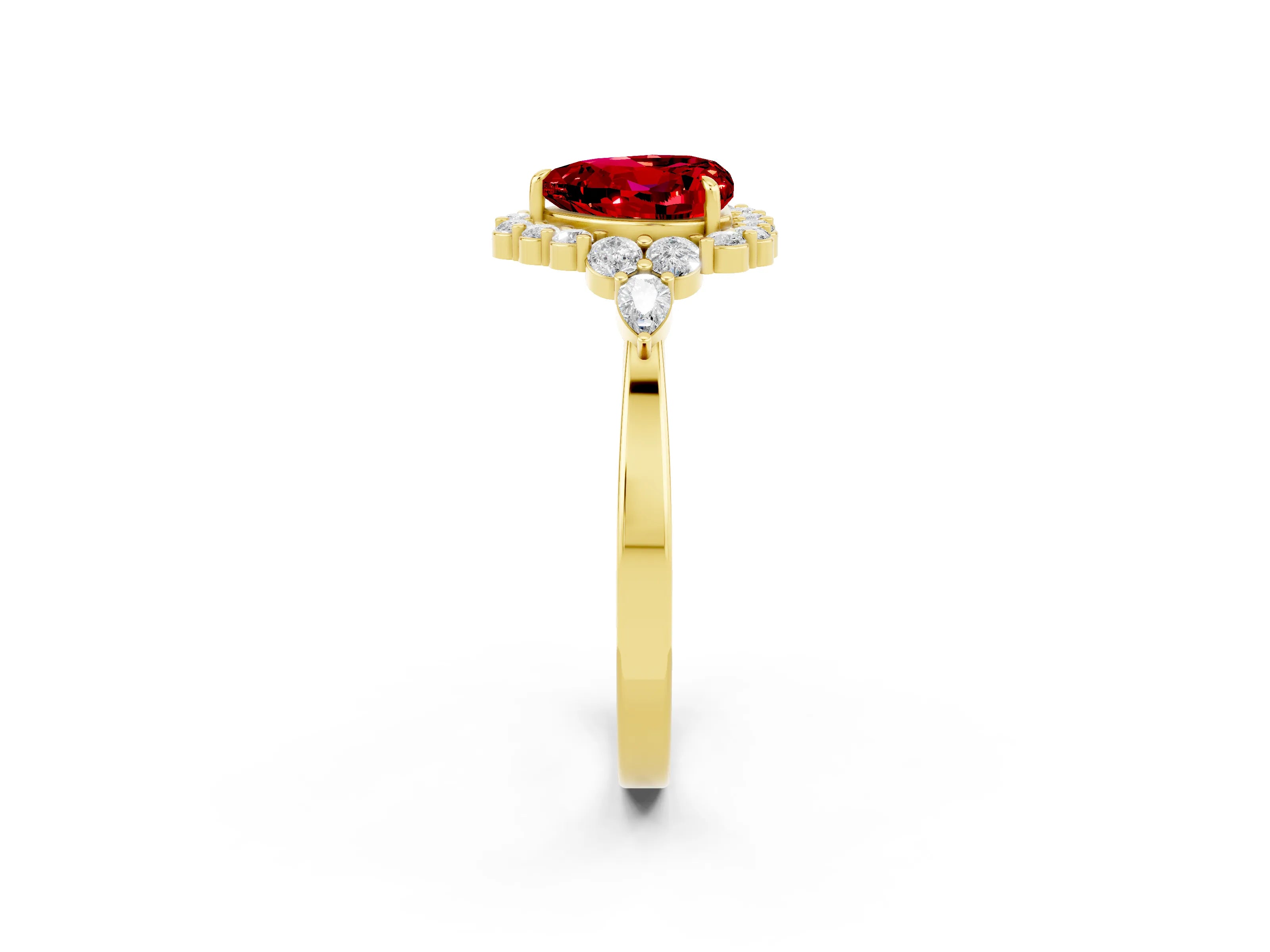 Yellow gold Heart Cut Ruby Halo Ring with Pear Side Stones and Prong Setting_14