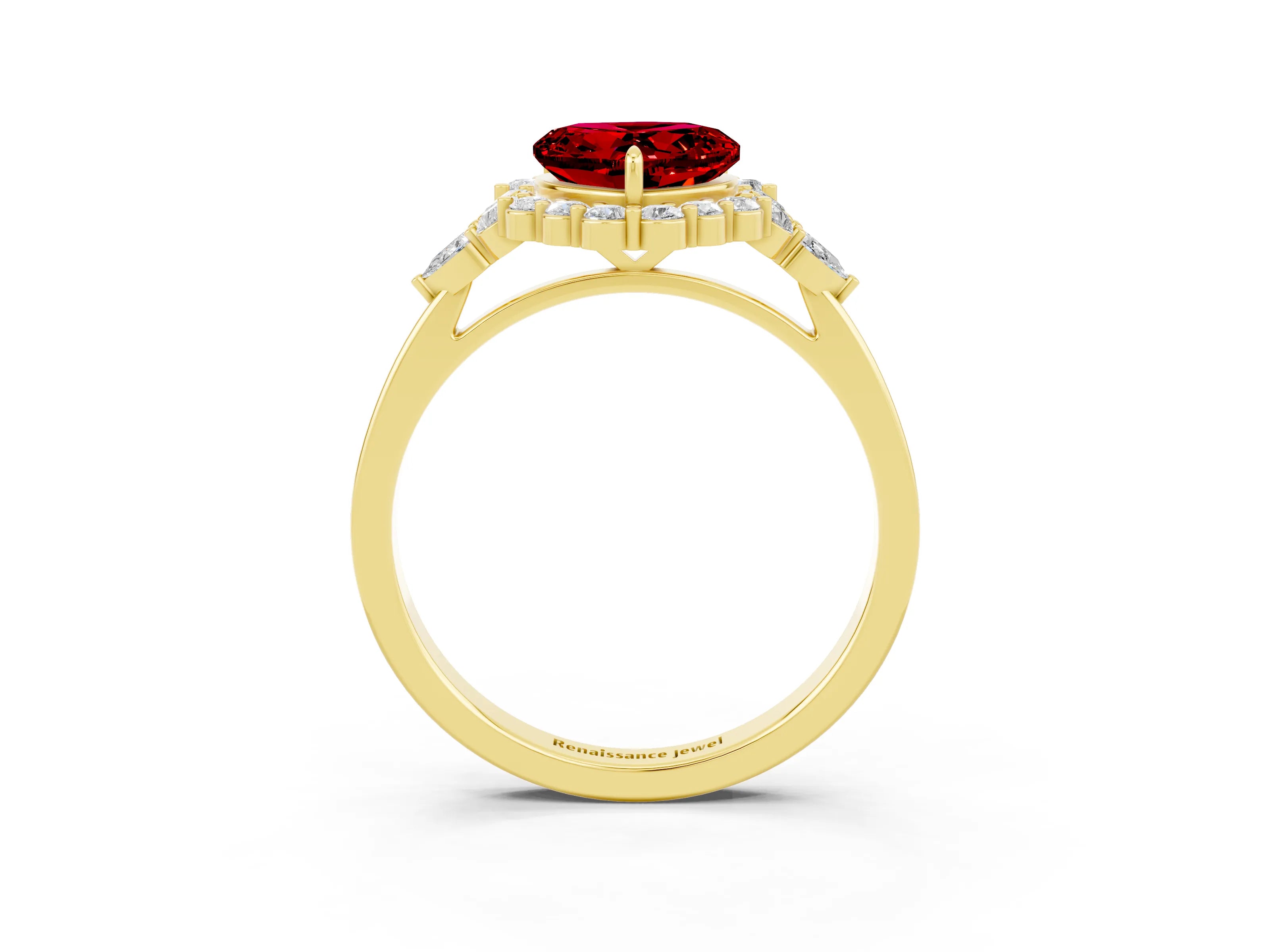 Yellow gold Heart Cut Ruby Halo Ring with Pear Side Stones and Prong Setting_15