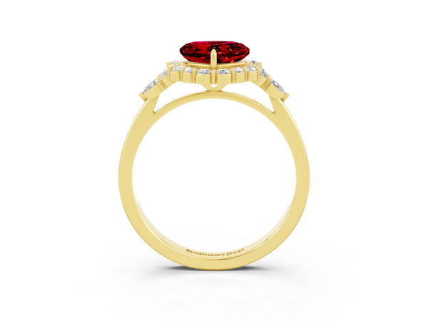 Yellow gold Heart Cut Ruby Halo Ring with Pear Side Stones and Prong Setting
