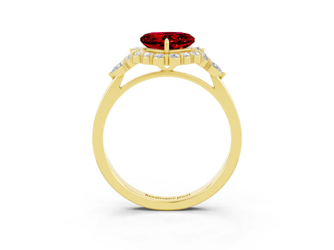 Yellow gold Heart Cut Ruby Halo Ring with Pear Side Stones and Prong Setting_15