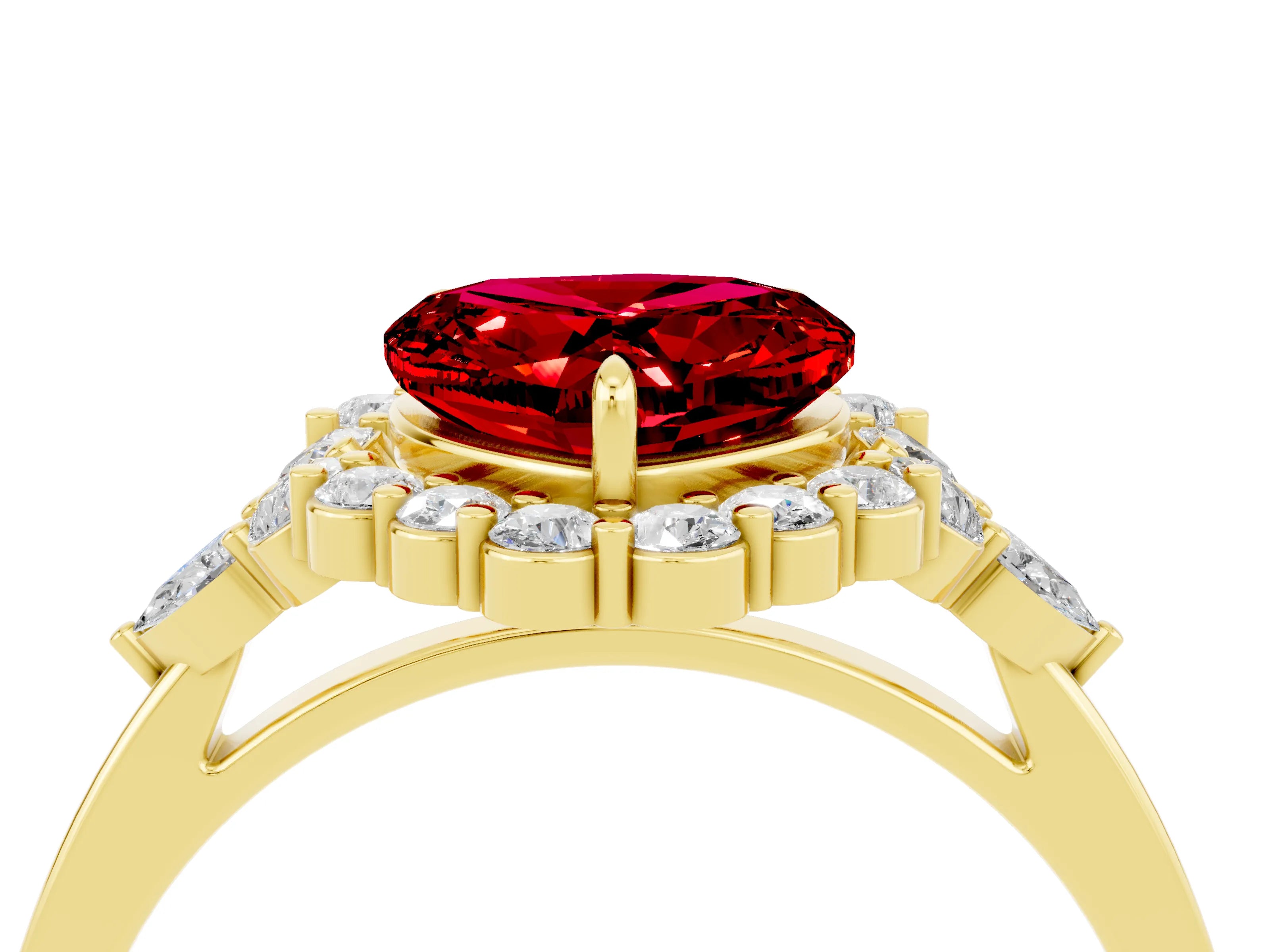 Yellow gold Heart Cut Ruby Halo Ring with Pear Side Stones and Prong Setting_16