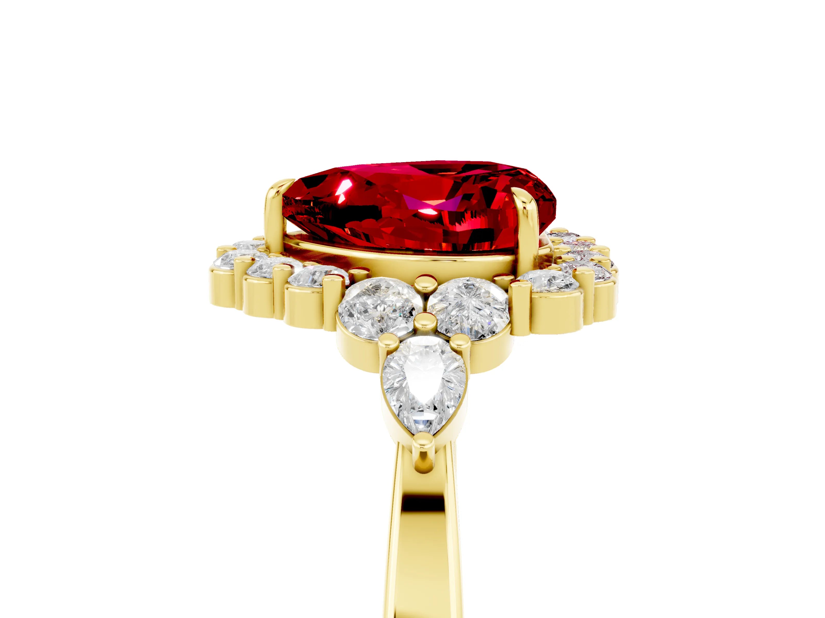Yellow gold Heart Cut Ruby Halo Ring with Pear Side Stones and Prong Setting_17