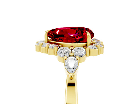 Yellow gold Heart Cut Ruby Halo Ring with Pear Side Stones and Prong Setting_17