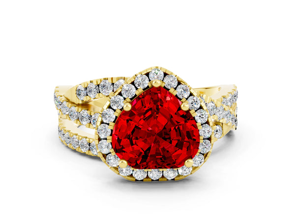 Yellow gold Heart Cut Ruby Halo Ring with Round Split Shank and Prong Setting