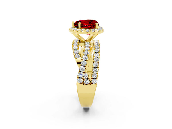Yellow gold Heart Cut Ruby Halo Ring with Round Split Shank and Prong Setting