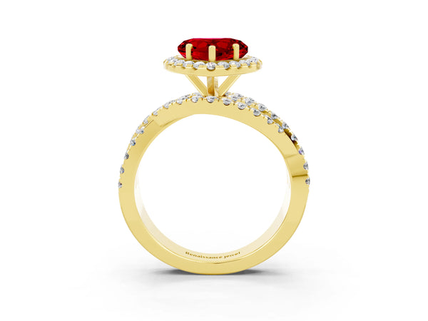 Yellow gold Heart Cut Ruby Halo Ring with Round Split Shank and Prong Setting