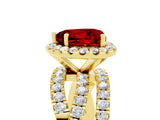 Yellow gold Heart Cut Ruby Halo Ring with Round Split Shank and Prong Setting_53