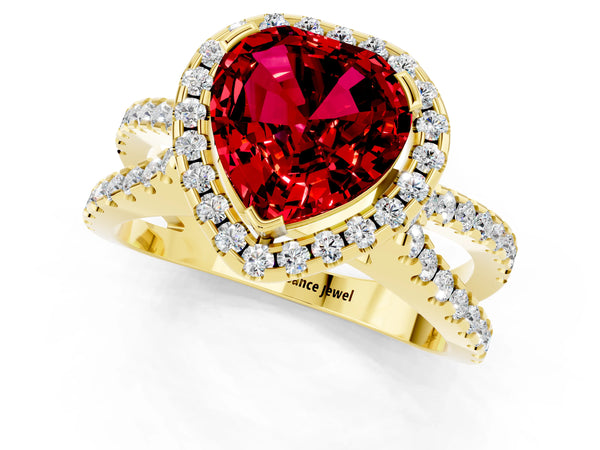 Yellow gold Heart Cut Ruby Halo Ring with Split Shank Pavé Band and Prong Setting