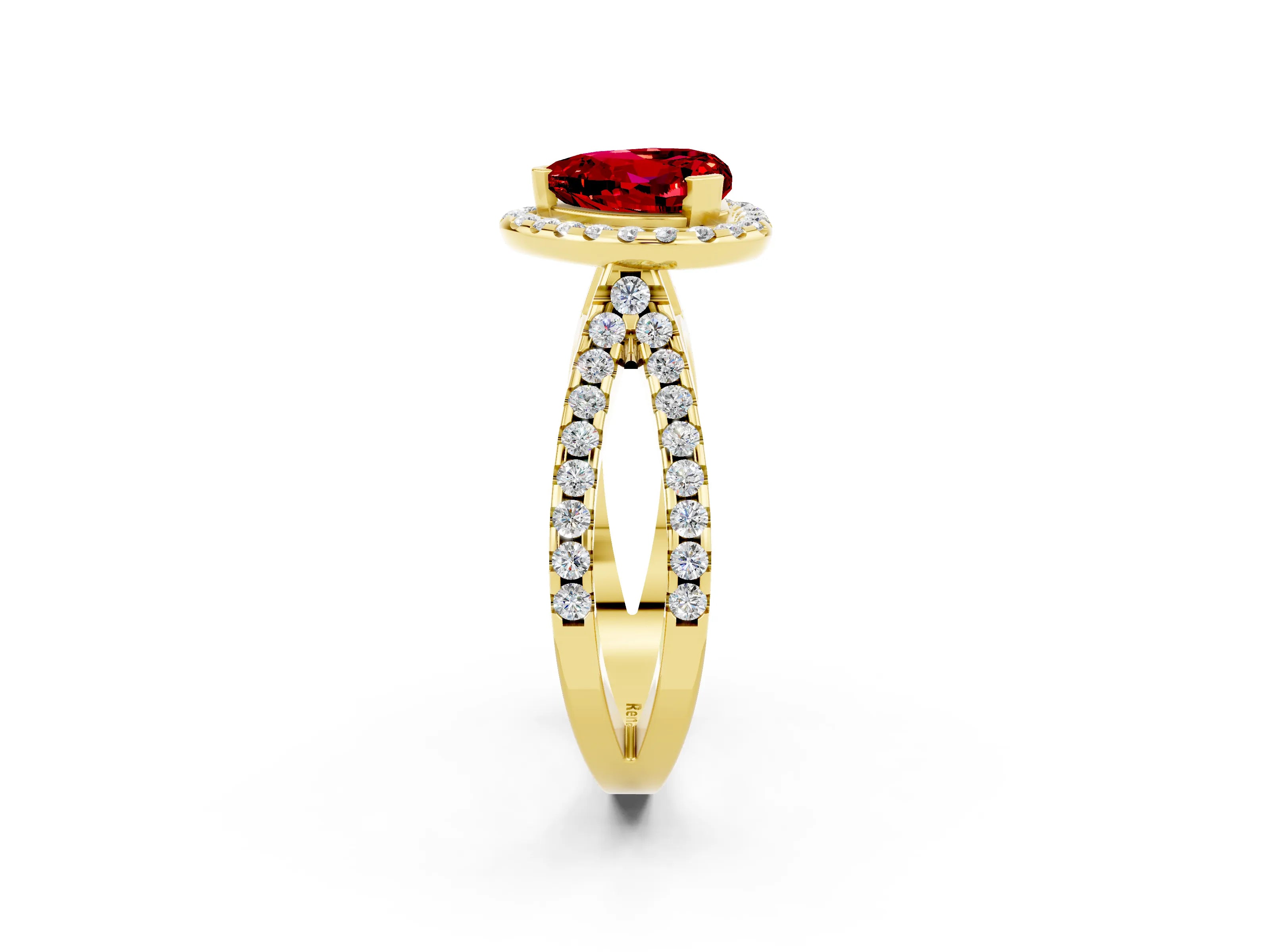 Yellow gold Heart Cut Ruby Halo Ring with Split Shank Pavé Band and Prong Setting_2