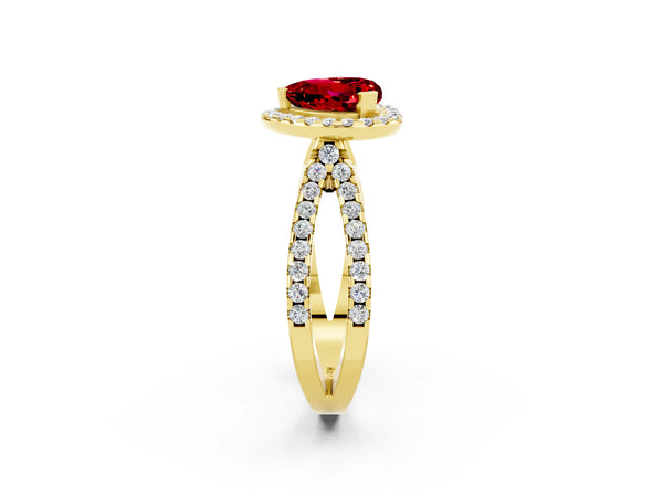 Yellow gold Heart Cut Ruby Halo Ring with Split Shank Pavé Band and Prong Setting