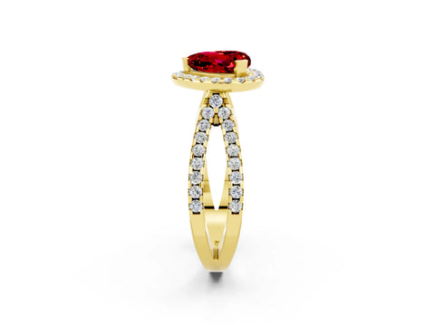 Yellow gold Heart Cut Ruby Halo Ring with Split Shank Pavé Band and Prong Setting_2