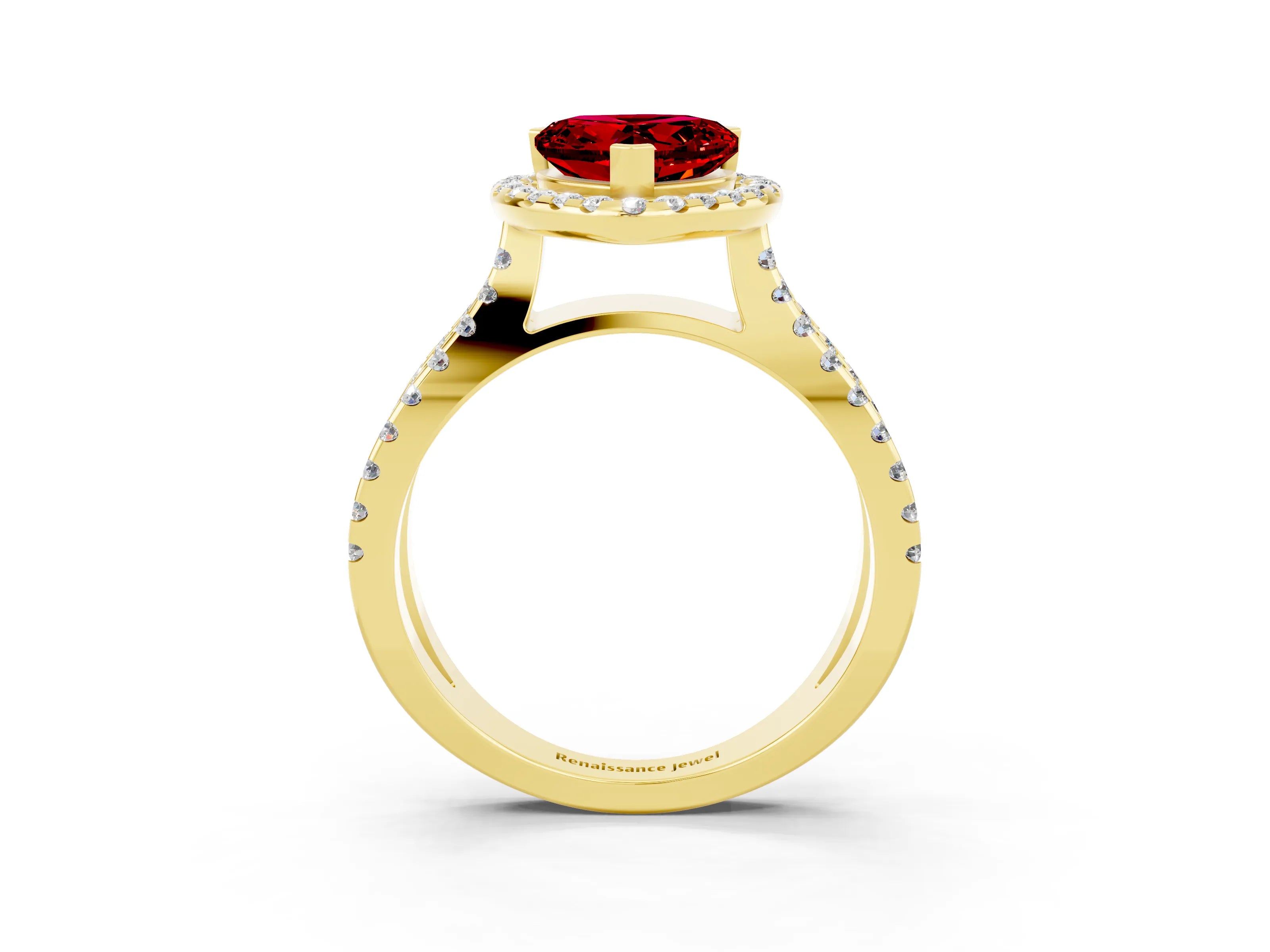 Yellow gold Heart Cut Ruby Halo Ring with Split Shank Pavé Band and Prong Setting_3