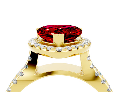 Yellow gold Heart Cut Ruby Halo Ring with Split Shank Pavé Band and Prong Setting_4