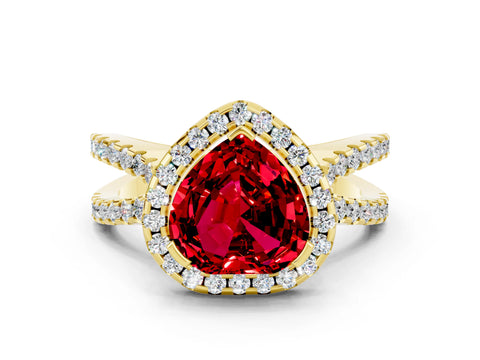 Yellow gold Heart Cut Ruby Halo Ring with Split Shank Pavé Band and Prong Setting