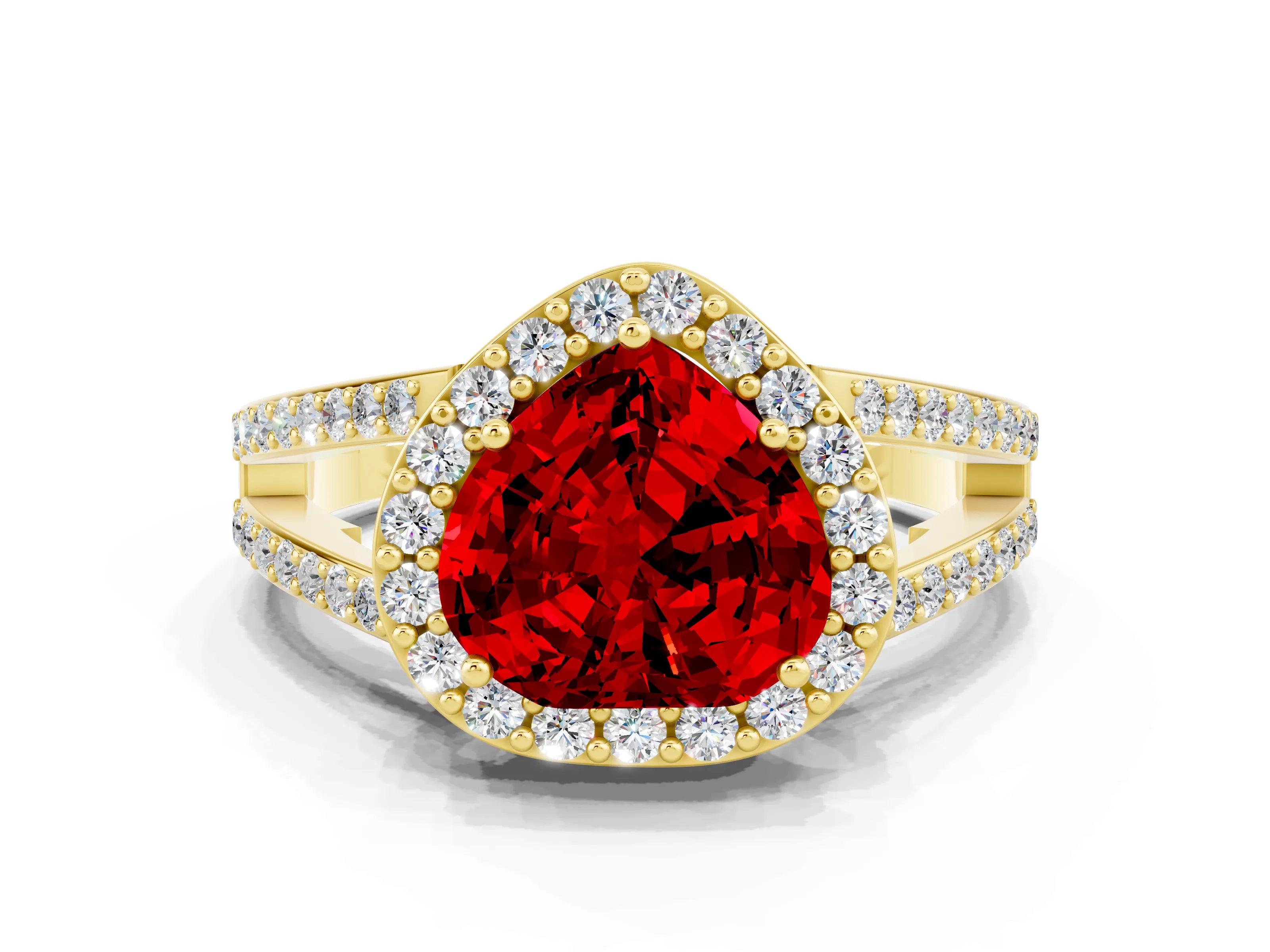 Yellow gold Heart Cut Ruby Halo Ring with Split Shank U-Prong Band and Four-Prong Setting