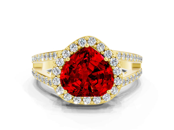 Yellow gold Heart Cut Ruby Halo Ring with Split Shank U-Prong Band and Four-Prong Setting