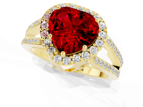 Yellow gold Heart Cut Ruby Halo Ring with Split Shank U-Prong Band and Four-Prong Setting_1