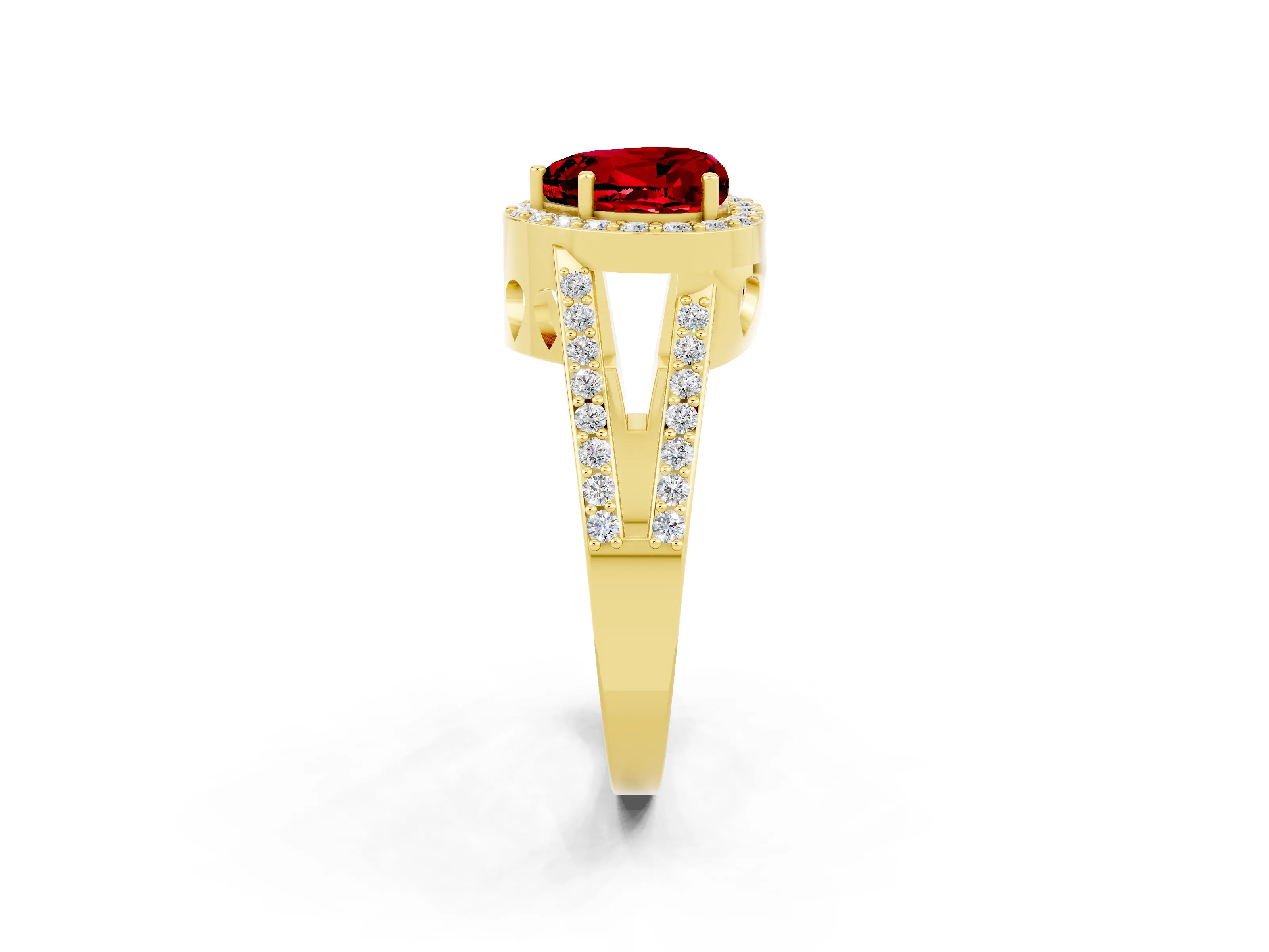 Yellow gold Heart Cut Ruby Halo Ring with Split Shank U-Prong Band and Four-Prong Setting_2