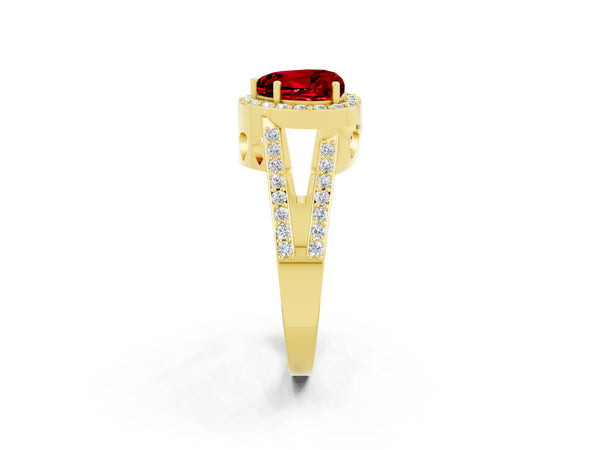 Yellow gold Heart Cut Ruby Halo Ring with Split Shank U-Prong Band and Four-Prong Setting