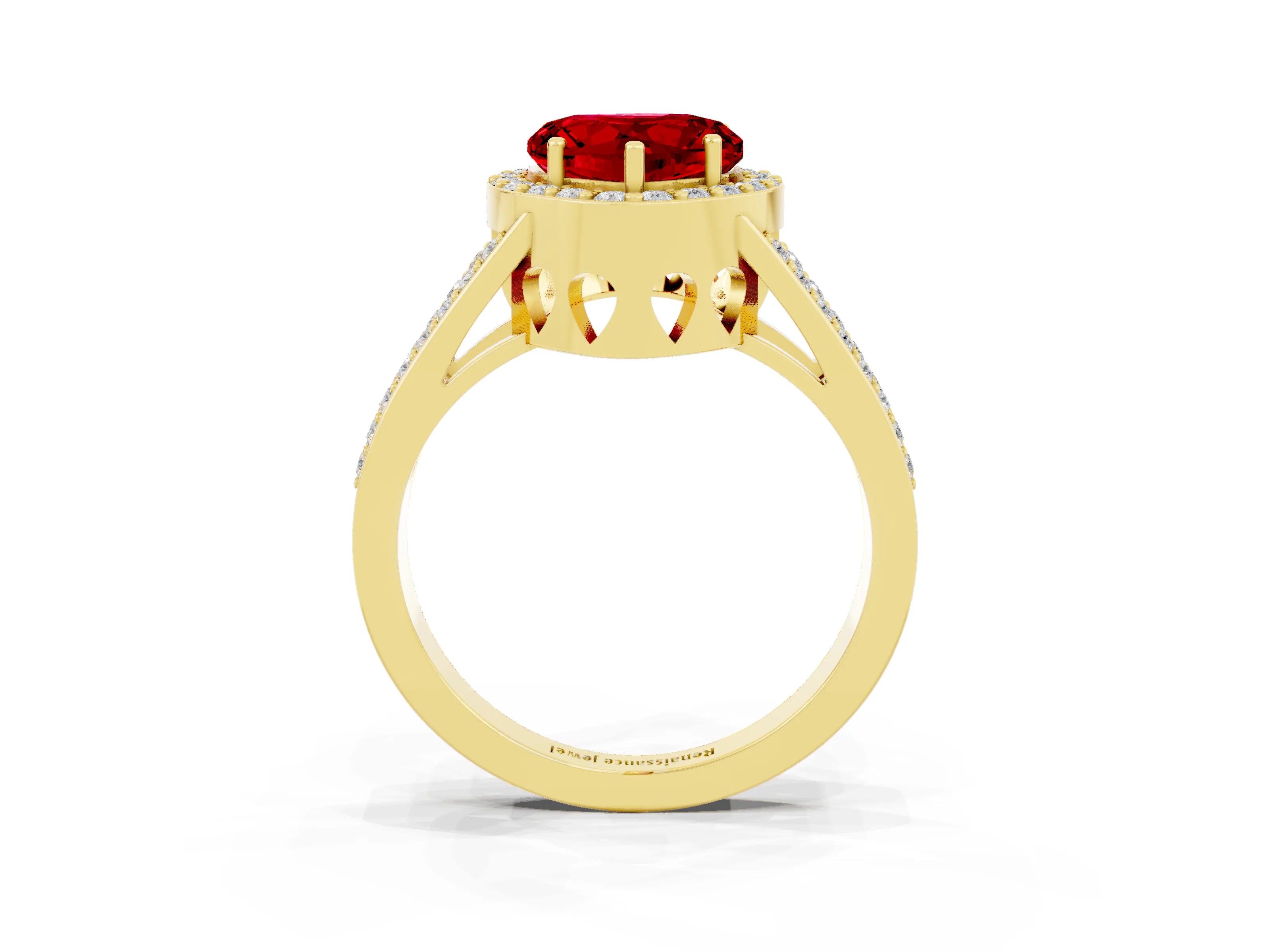 Yellow gold Heart Cut Ruby Halo Ring with Split Shank U-Prong Band and Four-Prong Setting_3