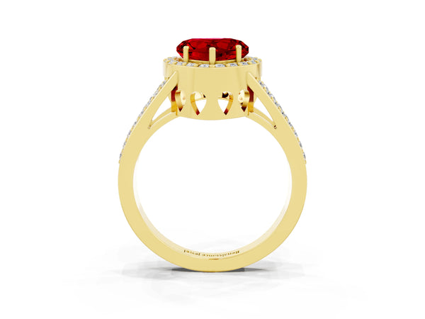 Yellow gold Heart Cut Ruby Halo Ring with Split Shank U-Prong Band and Four-Prong Setting
