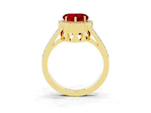 Yellow gold Heart Cut Ruby Halo Ring with Split Shank U-Prong Band and Four-Prong Setting_3