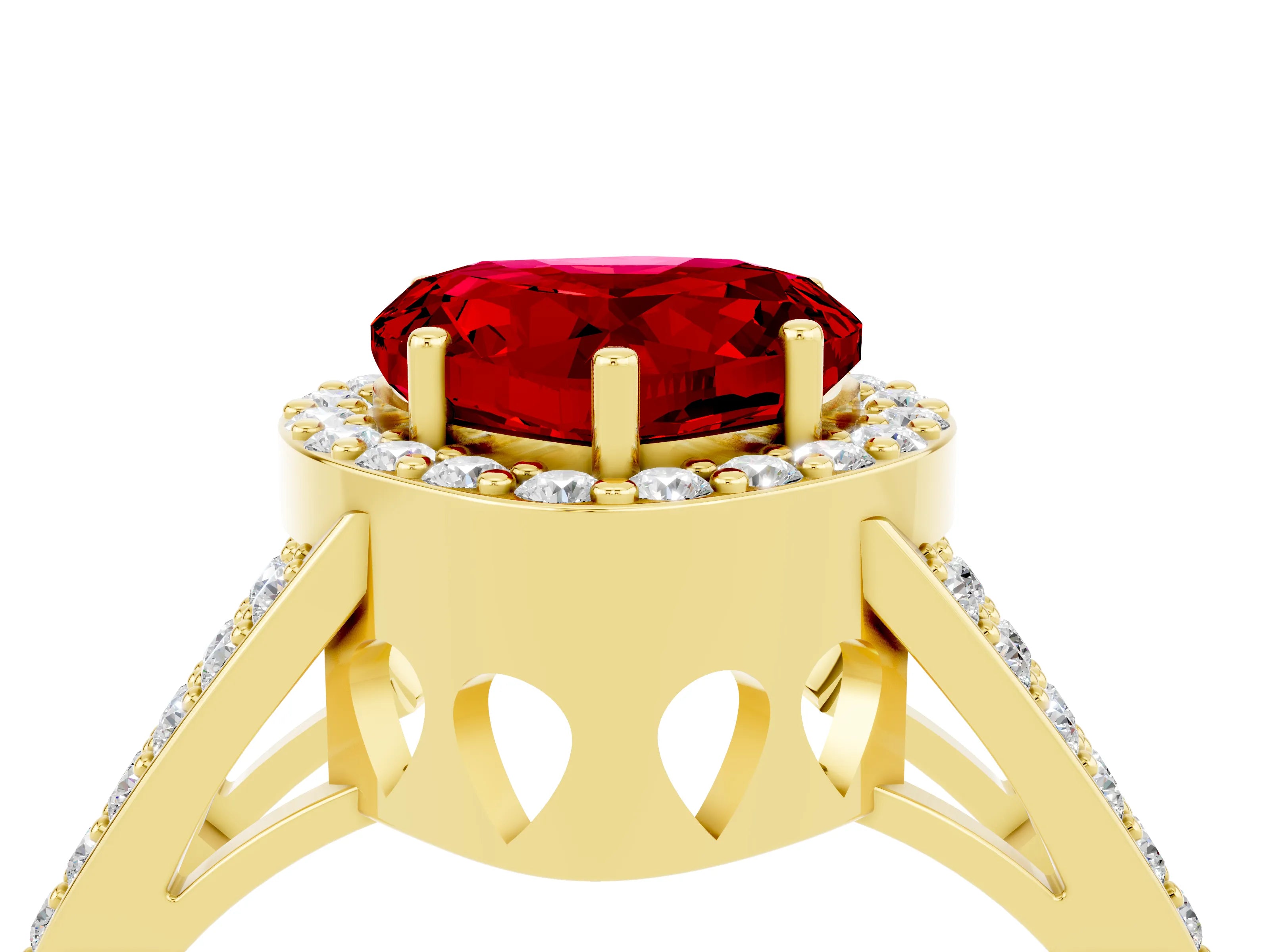 Yellow gold Heart Cut Ruby Halo Ring with Split Shank U-Prong Band and Four-Prong Setting_4