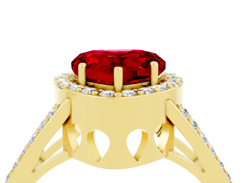 Yellow gold Heart Cut Ruby Halo Ring with Split Shank U-Prong Band and Four-Prong Setting_4