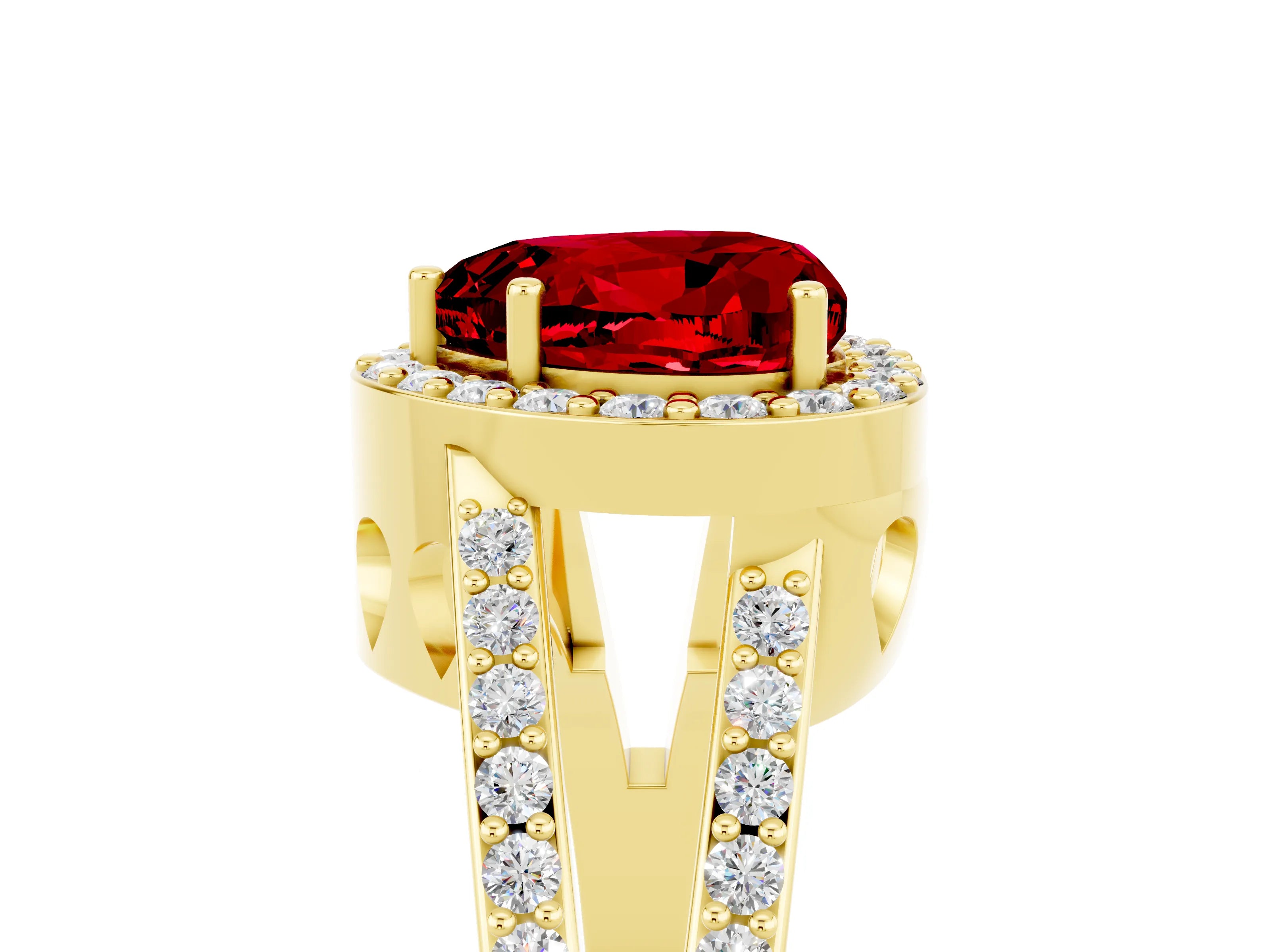Yellow gold Heart Cut Ruby Halo Ring with Split Shank U-Prong Band and Four-Prong Setting_5
