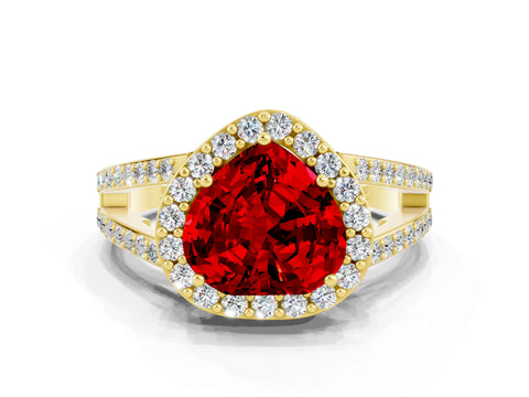 Yellow gold Heart Cut Ruby Halo Ring with Split Shank U-Prong Band and Four-Prong Setting