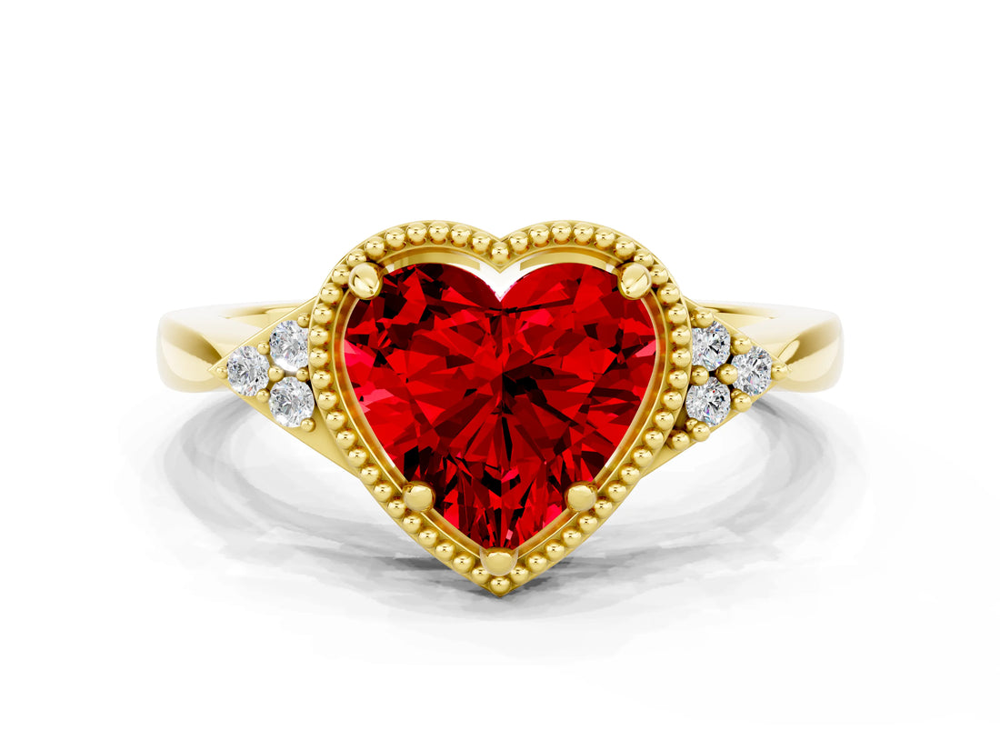 Yellow gold Heart Cut Ruby Halo Ring with Tapered Band and Four-Prong Setting
