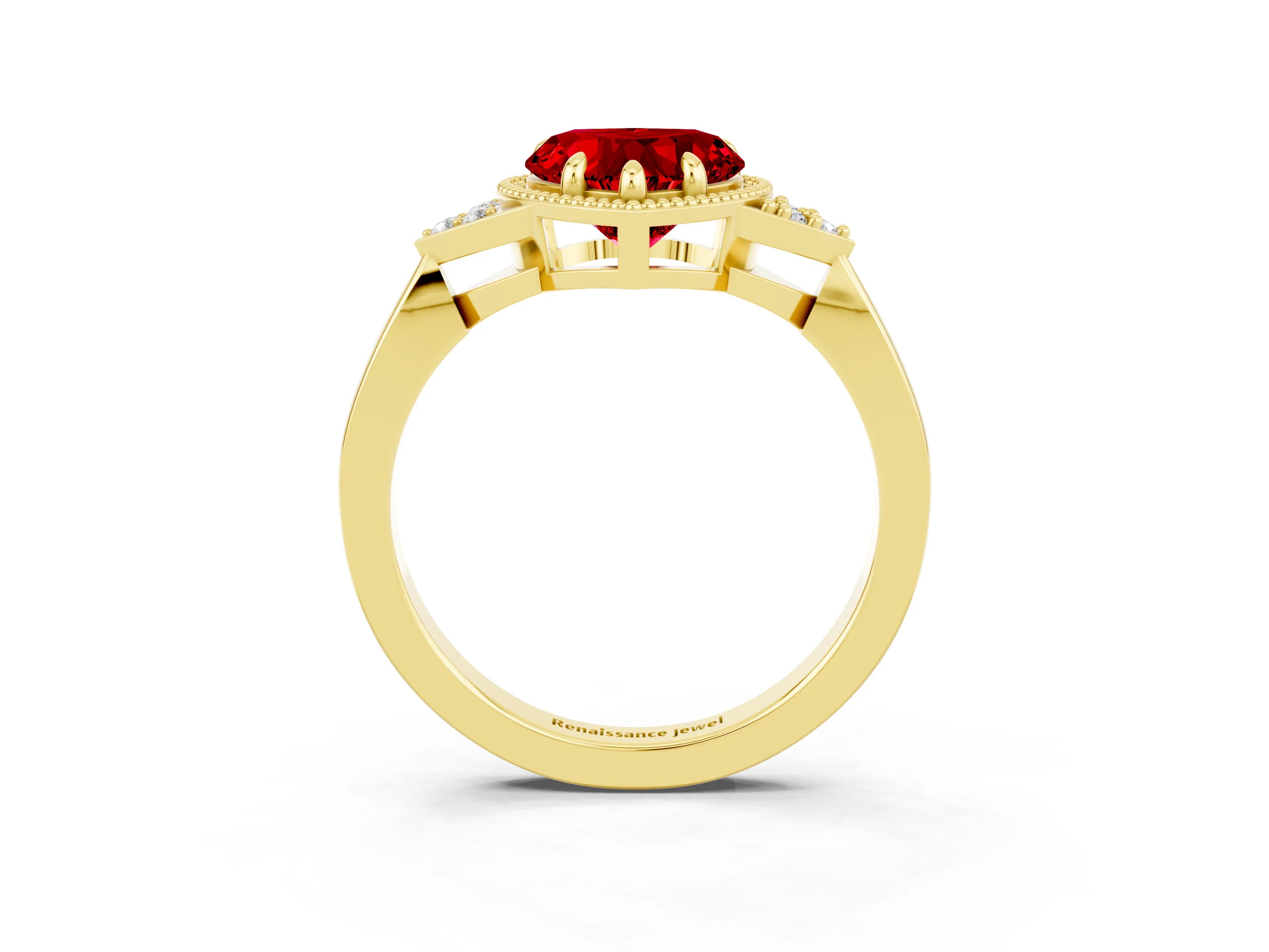 Yellow gold Heart Cut Ruby Halo Ring with Tapered Band and Four-Prong Setting_3