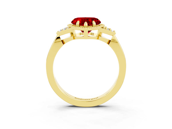 Yellow gold Heart Cut Ruby Halo Ring with Tapered Band and Four-Prong Setting