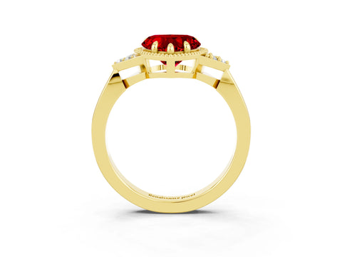 Yellow gold Heart Cut Ruby Halo Ring with Tapered Band and Four-Prong Setting_3