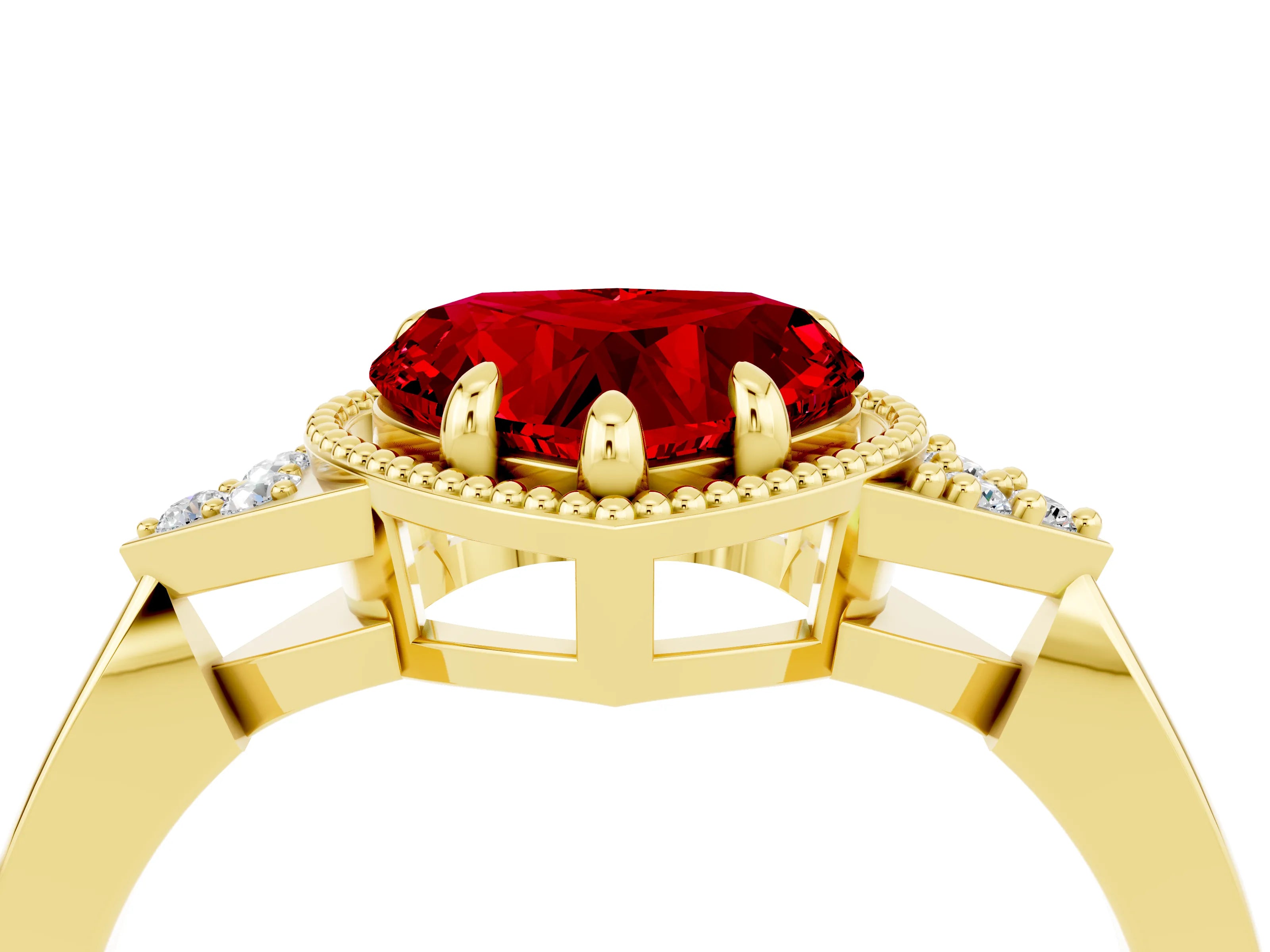 Yellow gold Heart Cut Ruby Halo Ring with Tapered Band and Four-Prong Setting_4