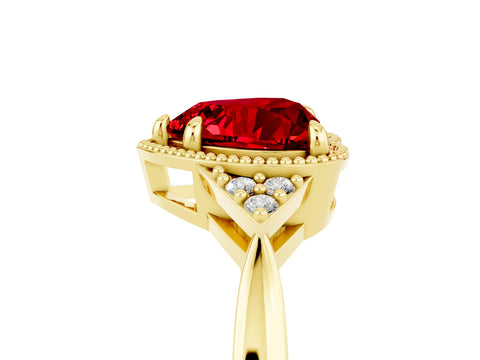 Yellow gold Heart Cut Ruby Halo Ring with Tapered Band and Four-Prong Setting_5
